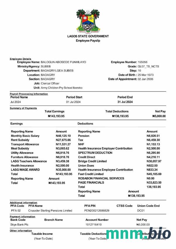 Szablon odcinka wypłaty pracownika rządu stanu Lagos w formatach Word i PDF, Wersja 2